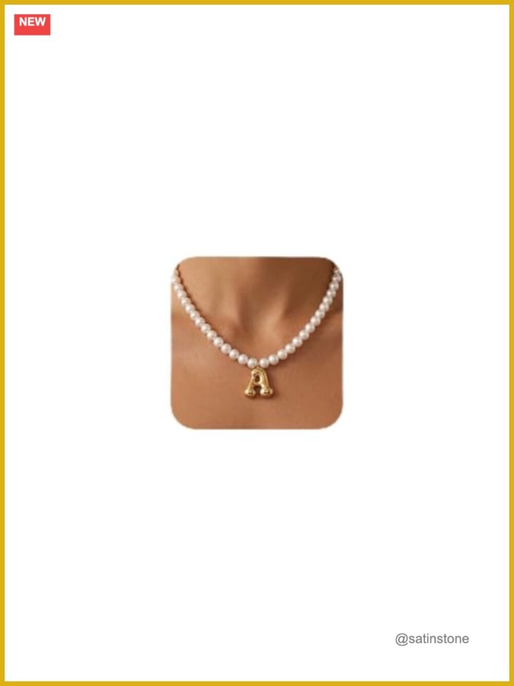 Initial A Pendant Necklace, Faux Pearl Beaded, Stainless Steel, Yellow Gold